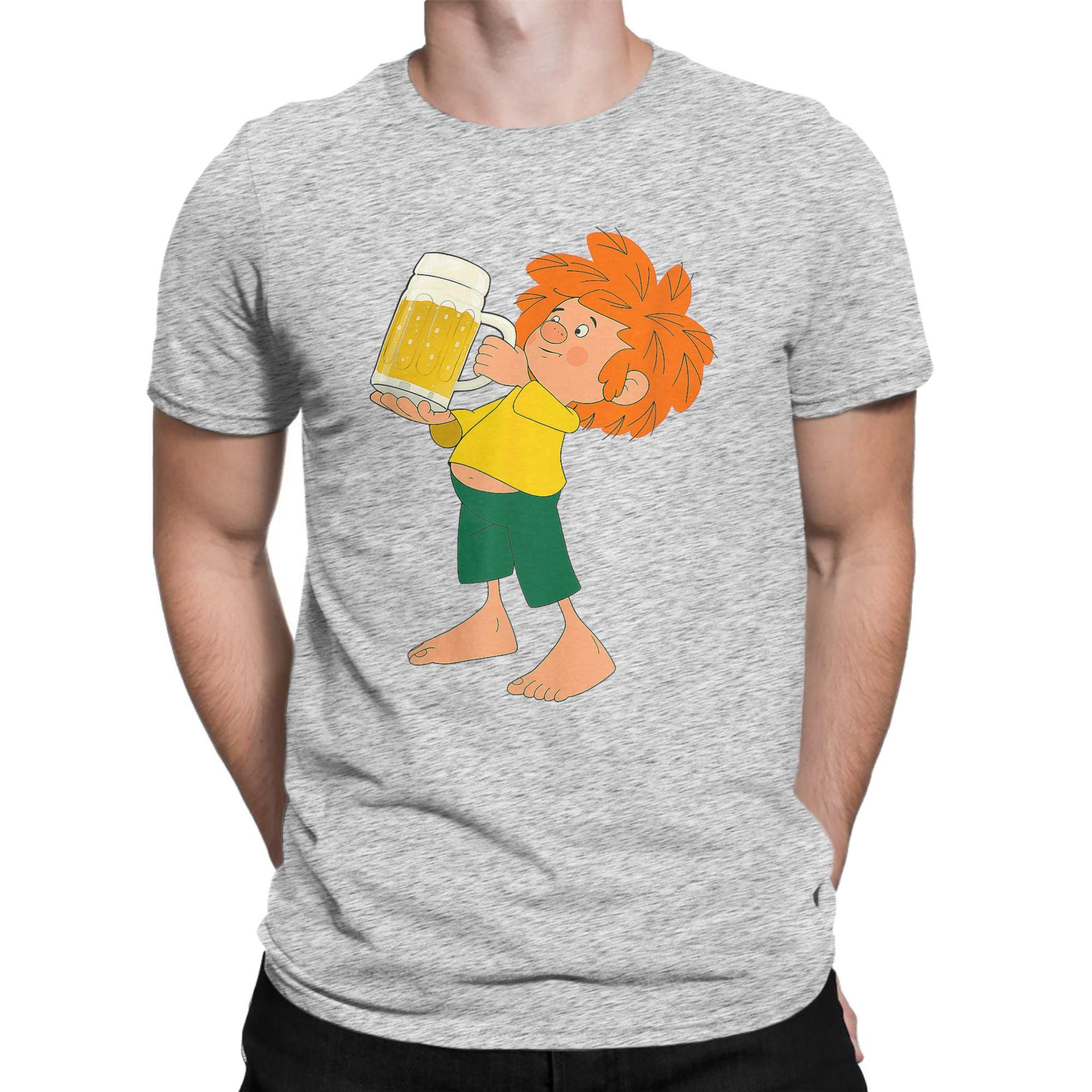 Herren T-Shirt Pumuckl Trinkt Bier Vintage Reines Baumwoll-T-Shirt Kurzarm Anime Cartoon T-Shirts Rundhals Bekleidung Übergröße XL gray