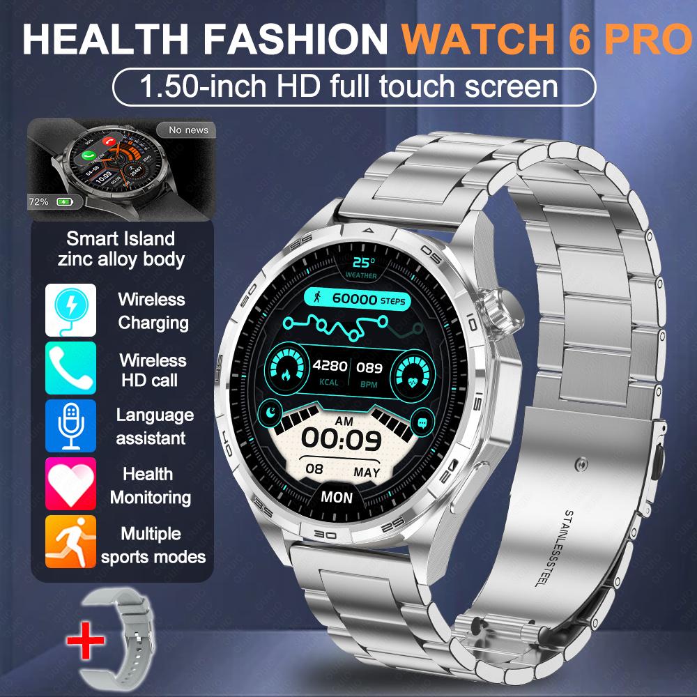 2026 Neue Uhr 6 Pro Outdoor-Sport Smartwatch Herren 1,50” HD-Bildschirm GPS-Streckenverfolgung Höhenmesser Druck Herzfrequenz Smartwatch Silver Steel +Silicone