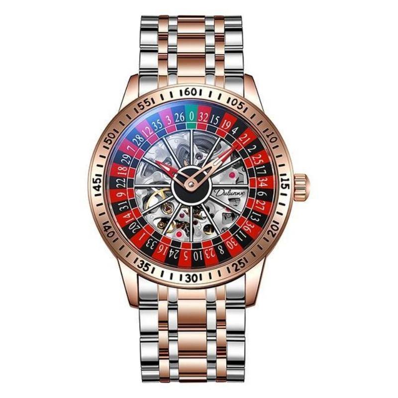 Dulunwe Swinging Rotary Dial Design Hohlskelett Uhren Business Trendy Herren Armbanduhr Roulette Rad Automatische Mechanische Uhr rot/hellrosa