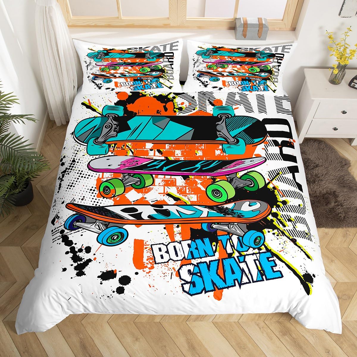 Skateboard-Bettwäsche-Set für Teenager, Jungen im Hipster-Graffiti-Stil, Kinderbettwäsche-Set mit Extremsport-Thema, cooles Skate-Bettwäsche-Set AU Double(180*210cm)3pcs