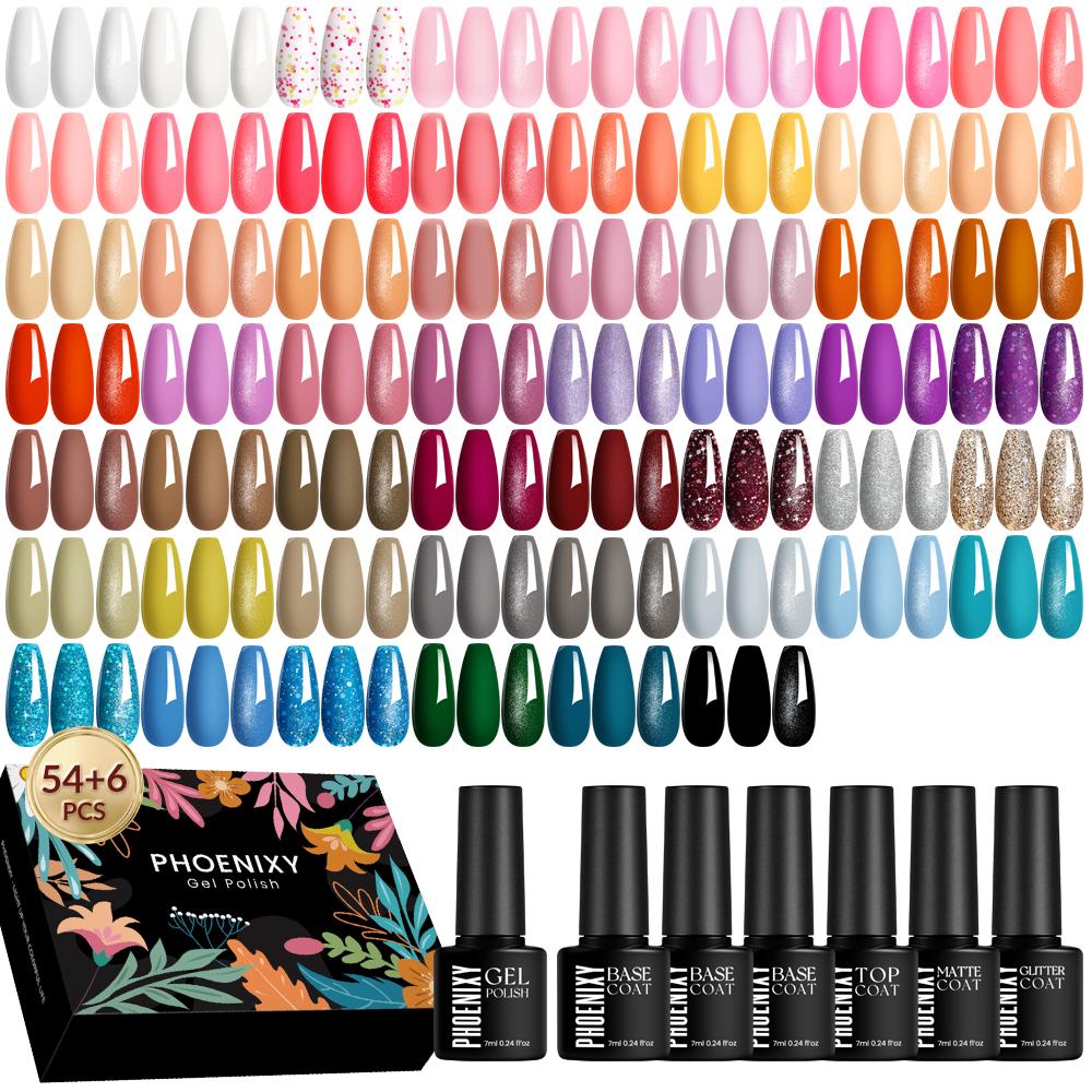 PHOENIXY 60-teiliges Gel-Nagellack-Set mit Basis und glänzendem, glitzerndem, mattem Decklack, Soak-Off-Gel-Nagel-Set, geeignet für alle Jahreszeiten, Gel-Nagellack-Geschenke 54+6 bottles