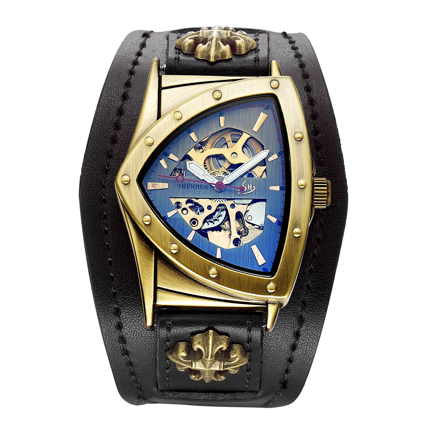 Neue personalisierte Mode Dreieck Hohl Herren Mechanische Uhr Nachtlicht Freizeit Retro Vollautomatische Mechanische Uhr black