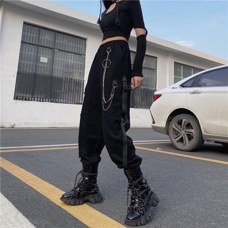 Elastische Taille Frühling Sommer Casual Cargo Hosen Frauen Mode Bänder Streetwear Harem Jogger Knöchel Länge Hosen Für Mädchen Mit Kette S schwarz