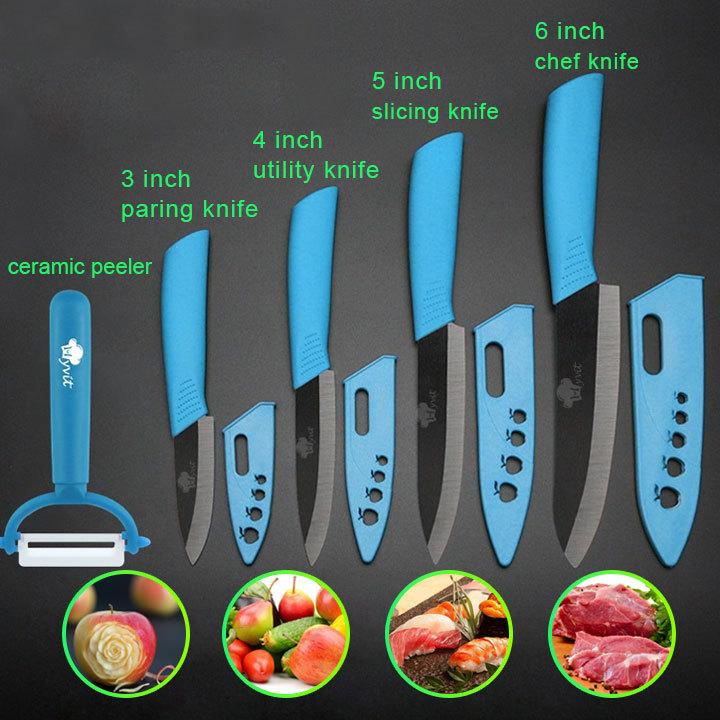 Keramikmesser, Küchenmesser, 3, 4, 5, 6 Zoll, Kochmesser, Kochset + Schäler, weiße Zirkonia-Klinge, mehrfarbiger Griff, Küchenmesser und Zubehör, Messersets blau