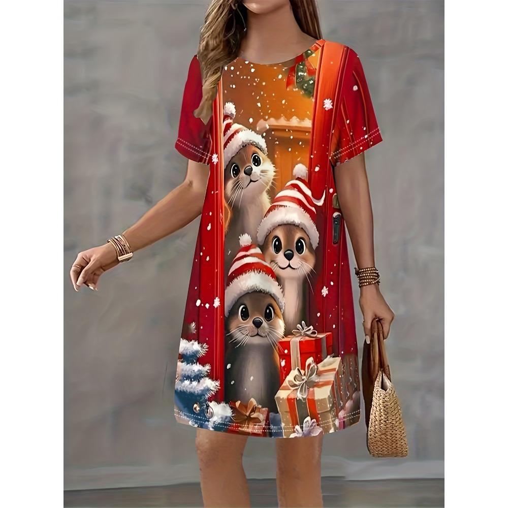 Katzen-Print Lässige Homewear Damen Nachthemd Kurzarm Kleider Lockerer Sitz Nachtwäsche Hauskleidung Loungewear Kleider 5XL brown