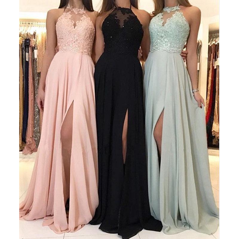 Damen Elegantes Spitzen-Maxikleid mit Neckholder, ärmellos, sexy Abendkleid, bodenlang, lange Kleider XL schwarz