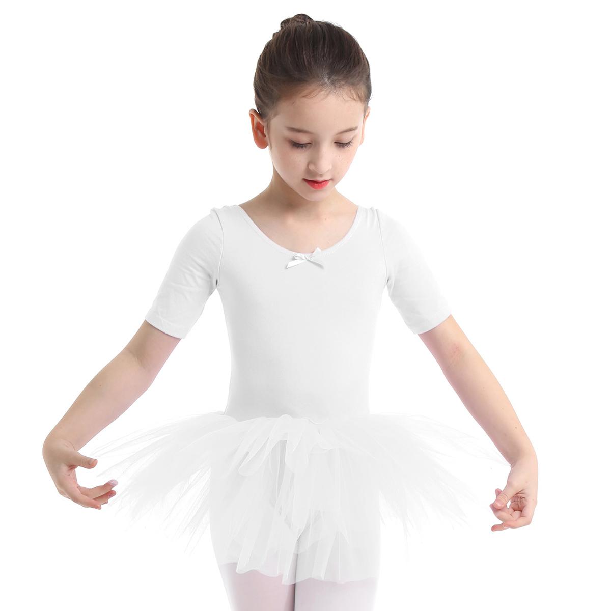 Ballett Kleid Kinder Halbarm Baumwolle Tanz Ballett Tutu Kleid Trikot Mädchen Gymnastik Dancewear Ballerina Party Kostüme 2-3 Years weiß