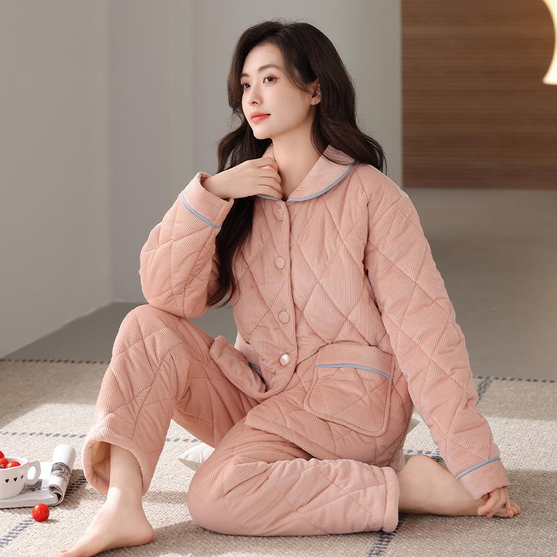 Dreilagiger gesteppter Pyjama-Set für Damen, Gestrickter Baumwoll-Stepppyjama für Damen, Warmer Pyjama für Damen 2XL