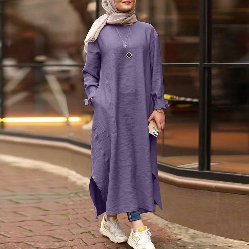 Muslimische Kleidung, Damenkleider, einfarbig, langärmeliges Hemdkleid, lässige Taschenrobe, Musulman Dubai, muslimischer Kaftan, muslimische Kleider, Übergröße L-5XL XL