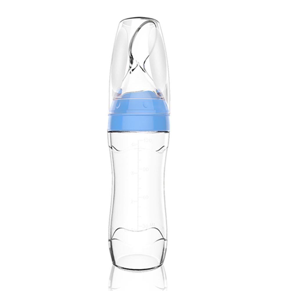 Baby Silikon Squeeze Fütterflasche mit Löffel Baby Nahrungsspender Fütterlöffel Entwöhnung Saft blau