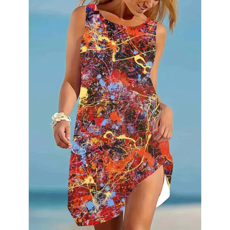 Damen Boho Ärmelloses Rundhalskleid A-Linie Knie Damenbekleidung Lässig Floral Midi-Kleid Kleider Sommerkleidung Für Damen XL