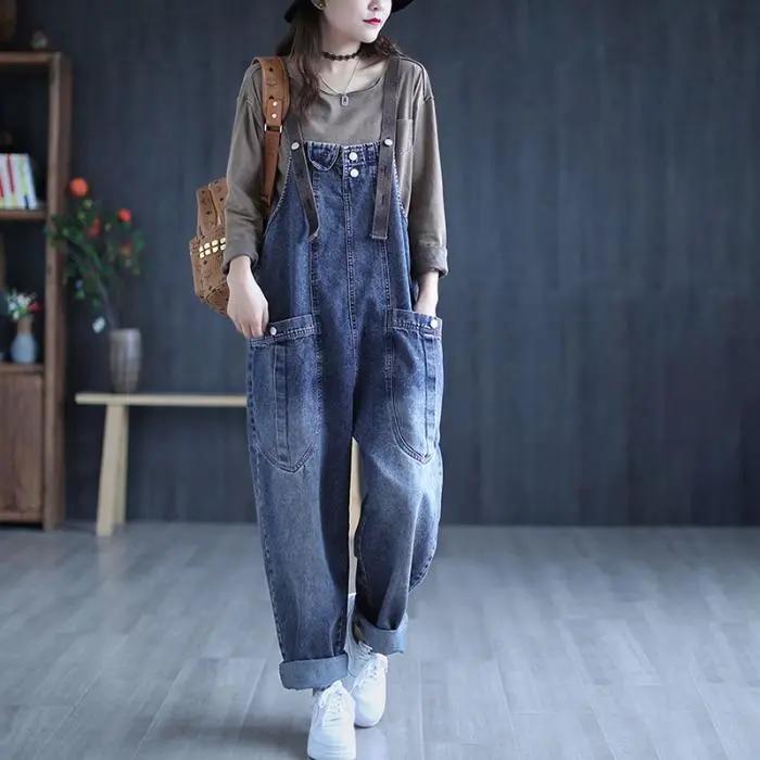 Herbstlicher Jeans-Overall für Damen im literarischen und künstlerischen Stil, übergroßer, lockerer, schlankmachender Hosenträger-Design, Riemen-Jeans-Overall XL blau