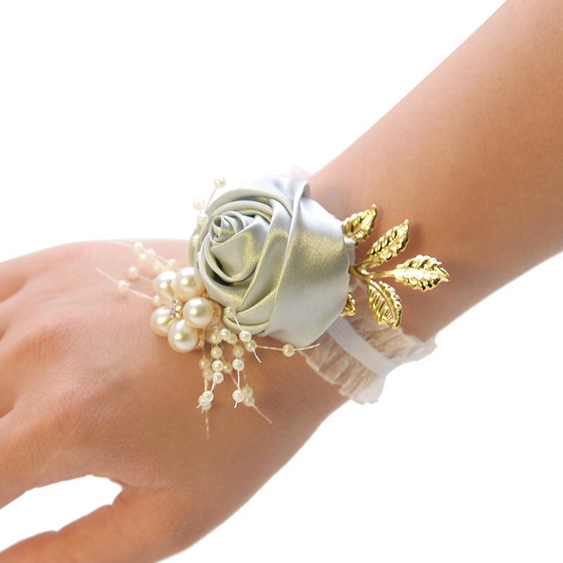 Mädchen Brautjungfer Handgelenk Blumen Hochzeit Abschlussball Party Boutonniere Satin Rose Armband Stoff Hand Blumen Hochzeit Versorgung Zubehör grau