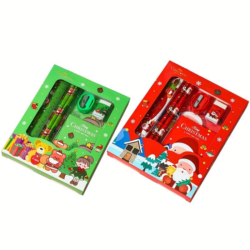 2 Sets Weihnachts-Schreibwaren-Geschenkset für Studenten, süßes Cartoon-Radiergummi-Set, kleine Weihnachtsgeschenke für Studenten, Schulbedarf für Studenten red+green