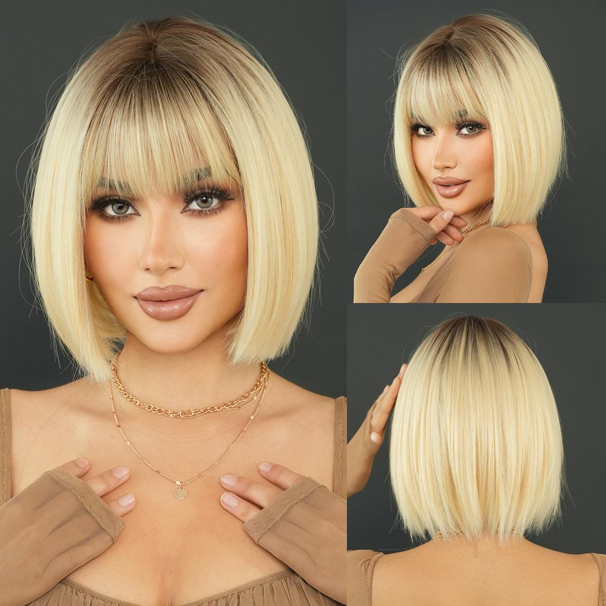 Professionelle Perücken, synthetische, kurze, glatte, aschbraune Bob-Perücke für Frauen, hochdichte, geschichtete, gestreifte blonde Haarperücken mit ordentlichem Pony
