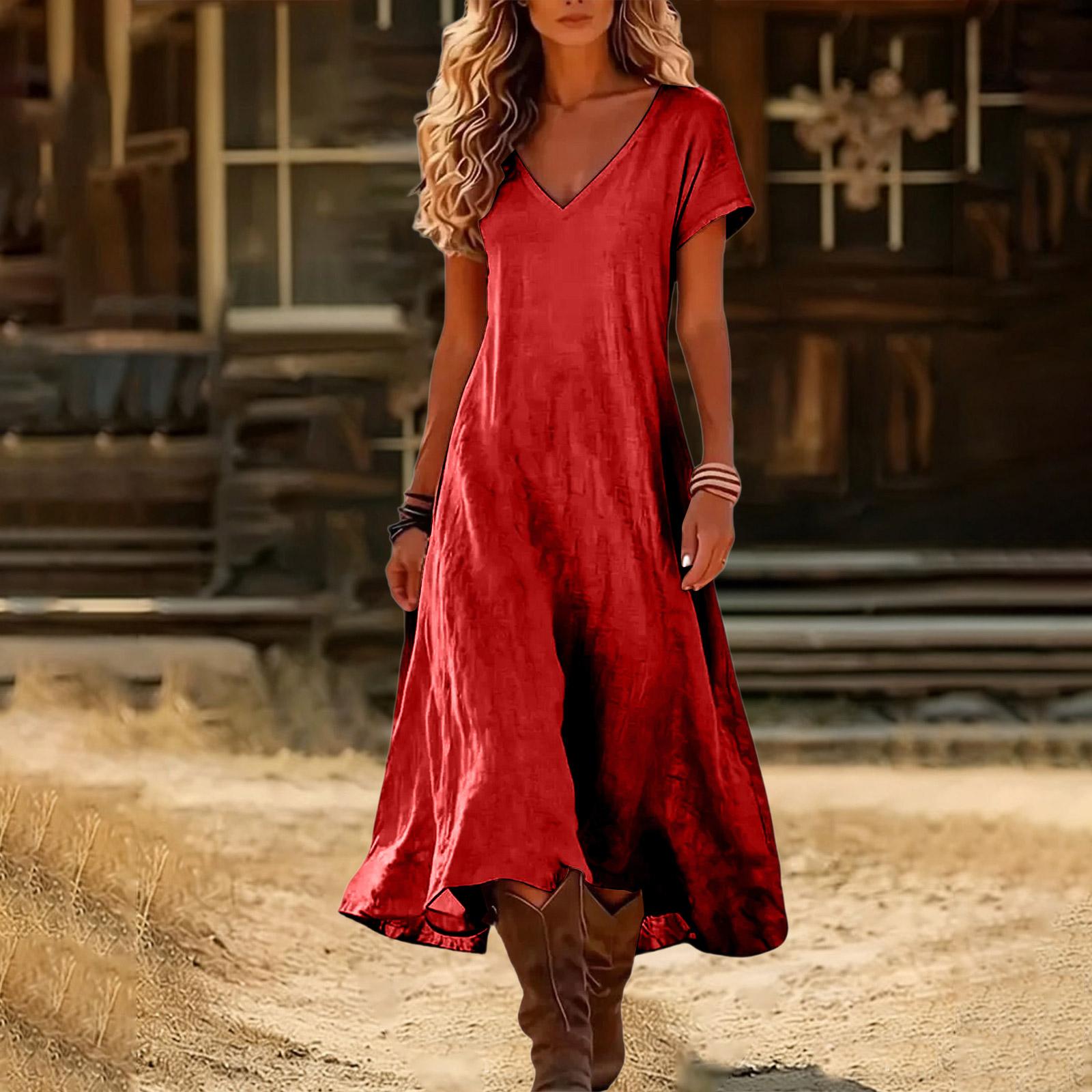 Boho-Kleider für Damen 2026 V-Ausschnitt Kurzarm-Sonnenkleider für Damen Sommerkleider für Damen Lässiger Lockerer Schnitt XL rot
