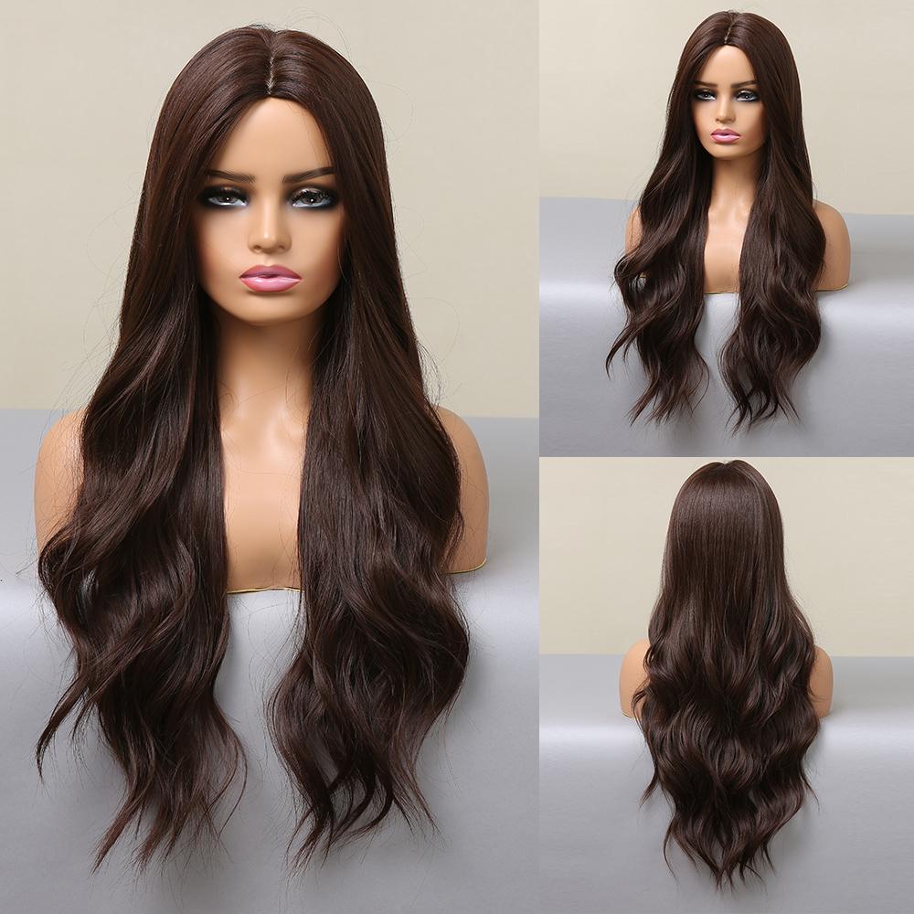 HAIRCUBE Weiße Platin-Mischbraun-Synthetik-Perücken, lange gewellte Naturhaar-Perücken für Frauen, mittlerer Teil, tägliche hitzebeständige Perücken LC475-1