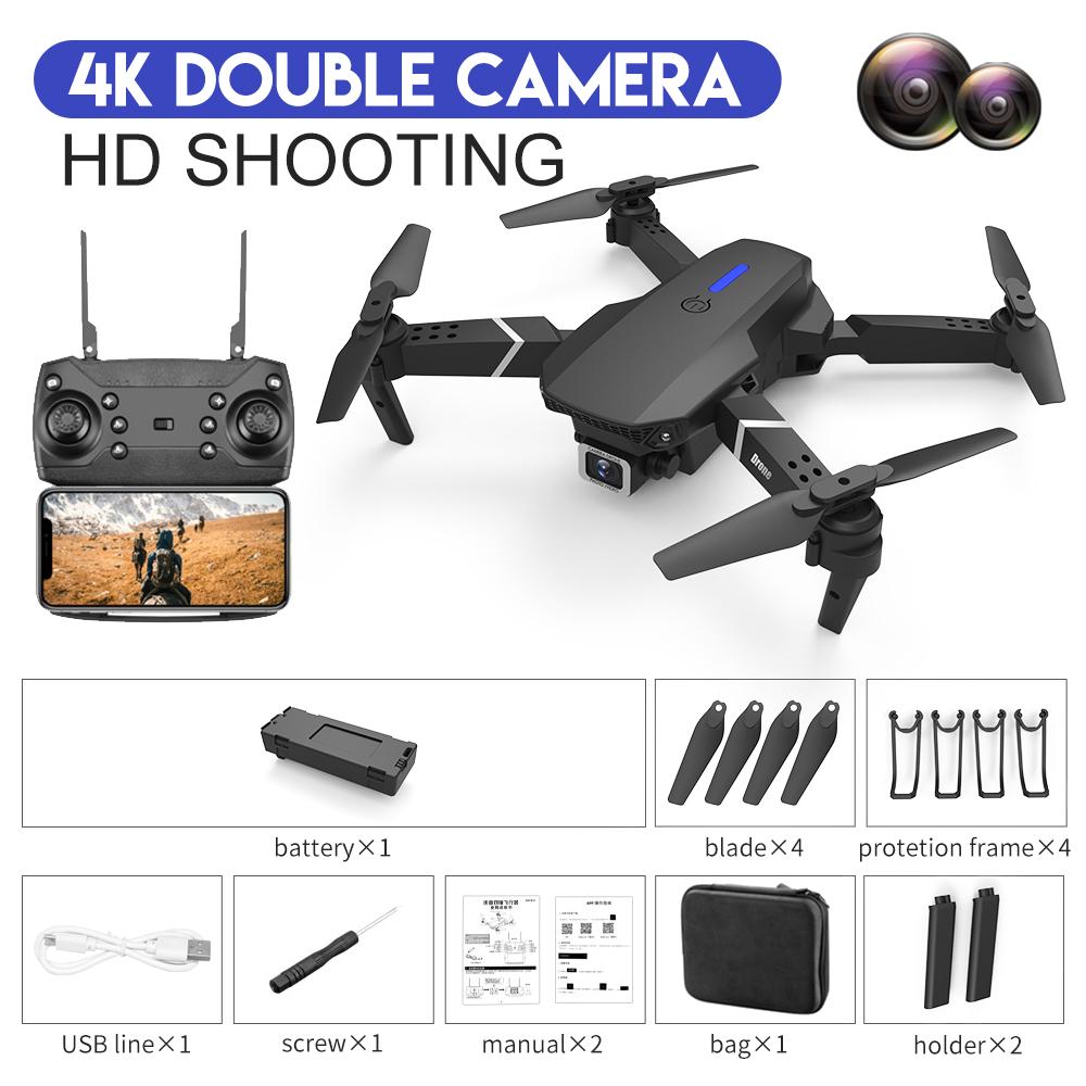 2023 neue E88 RC Mini Drohne 4K Weitwinkel Single/Dual Kamera Optische Fluss Positionierung WiFi FPV Hubschrauber faltbare Selfie Quadcopter Spielzeug Geschenk dual camera 1 battery schwarz