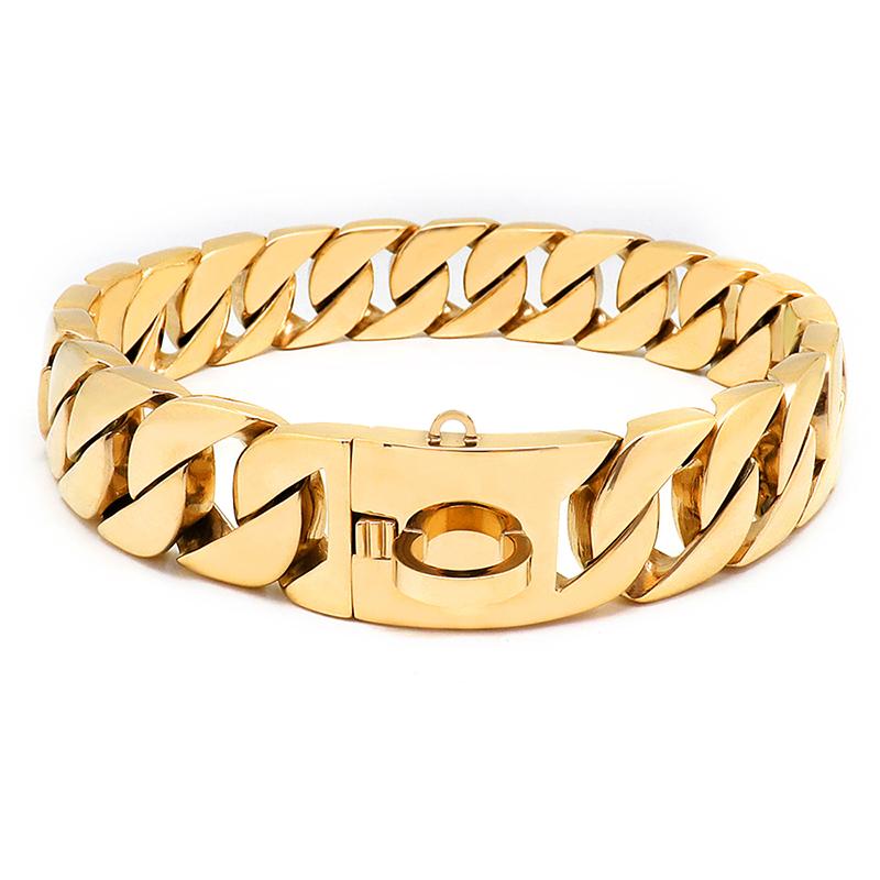 Starkes Hundehalsband aus goldener kubanischer Kette, Edelstahl, 32 mm, großes Hundehalsband, Würgehalsband, personalisierter Halsbandriemen für mittelgroße und große Hunde 16inch(40cm) gold