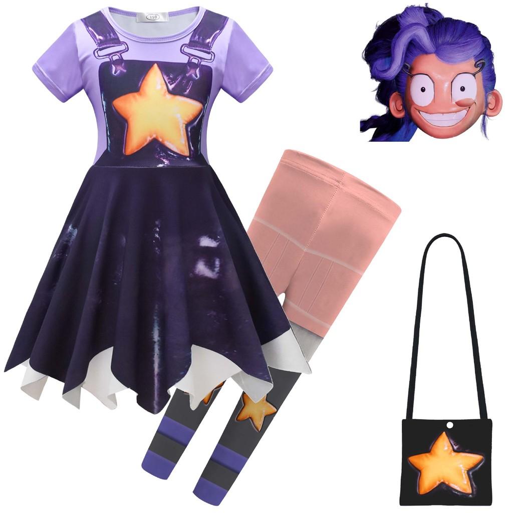 Kinder Mädchen Lily Lovebraids Bedruckte Kurzarm Unregelmäßiges Kleid Hosen Taschen Sets Halloween Cosplay Kostüme 100cm violett