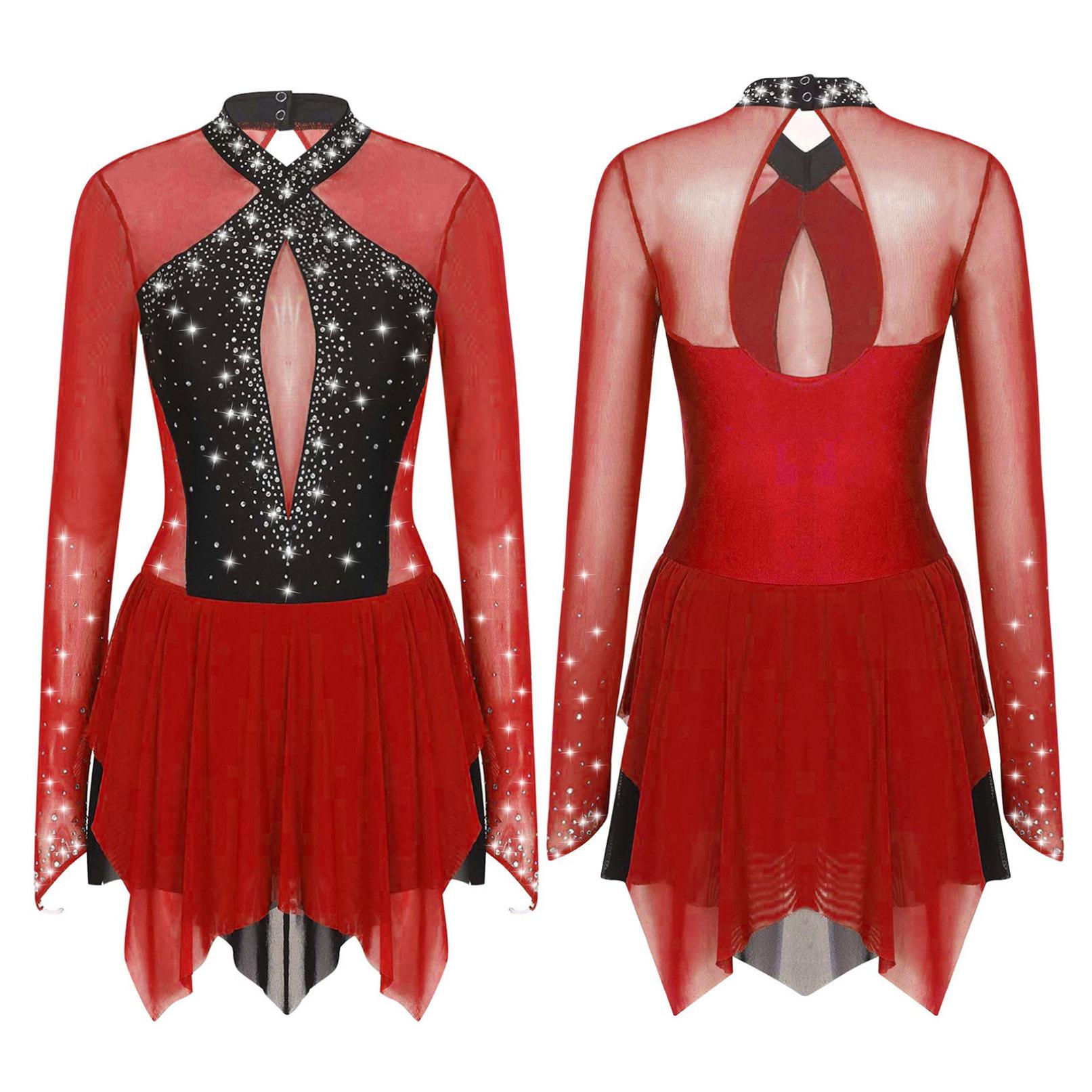 Frauen Glänzende Strass Eiskunstlauf Kleid Ballett Rhythmische Gymnastik Lyrical Dance Kostüm Langarm Sheer Mesh Trikot Kleid M bordeaux