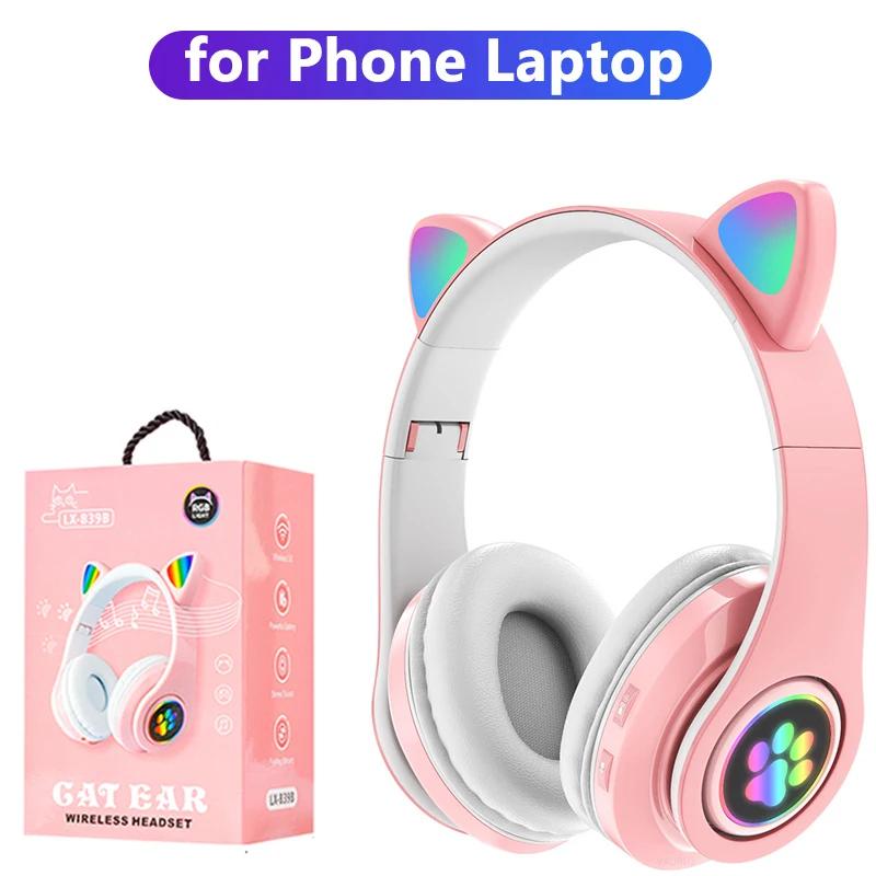 Bluetooth 5.0-Kopfhörer mit Mikrofon, niedliches Katzenohr, kabellos/kabelgebunden, faltbarer Kopfhörer, Bass, RGB-Atmungslicht für Jungen/Mädchen With box rosa