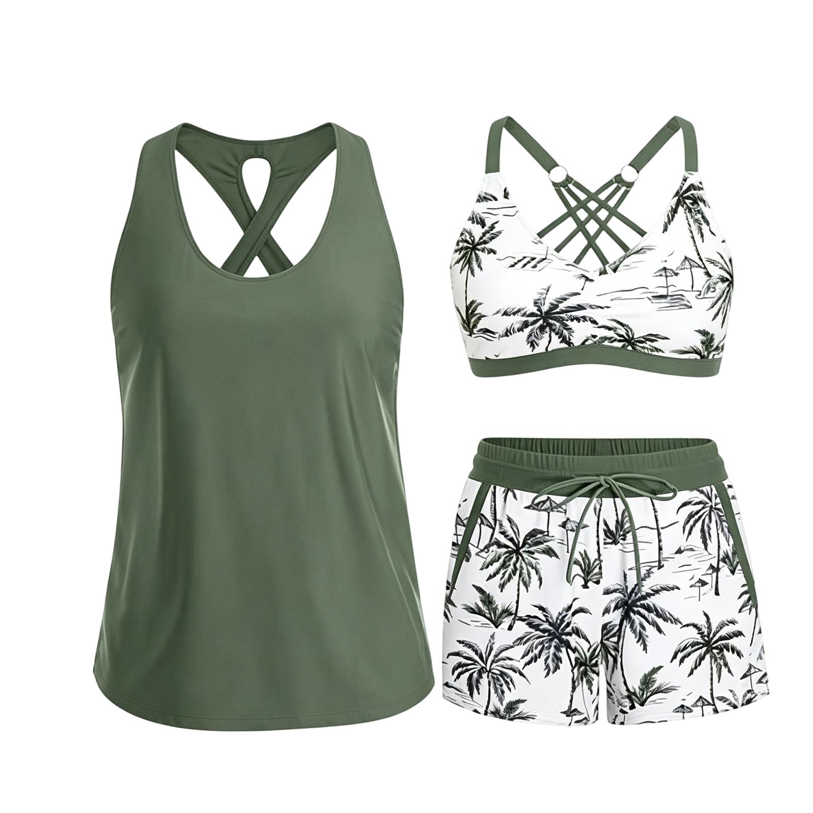 Dreiteiliges Damen-Tankini-Badeanzug-Set mit überkreuztem Rückendesign, hoch taillierter bedruckter Hose und Badeoberteil für Strand und Pool S armee grüne