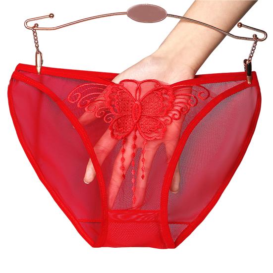 Mittelhohe, nahtlose Stickerei-Schmetterlings-Druck-Frauen-Slips, ultradünne, transparente, sexy Unterhosen M rot