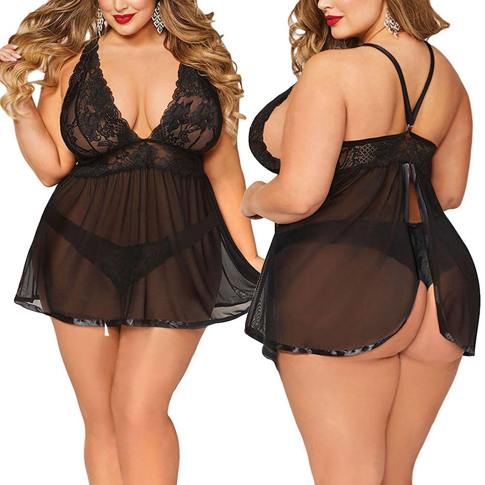 WOM Damen Sexy Dessous, Übergröße, offener Rücken, Dessous, Spitze, Babydoll, Nachtwäsche 4XL schwarz