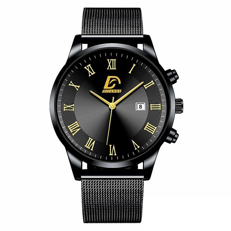 Modische Herrenuhren, luxuriöse Edelstahl-Kalender-Quarz-Armbanduhr für Herren, Business-Casual-Uhren schwarz