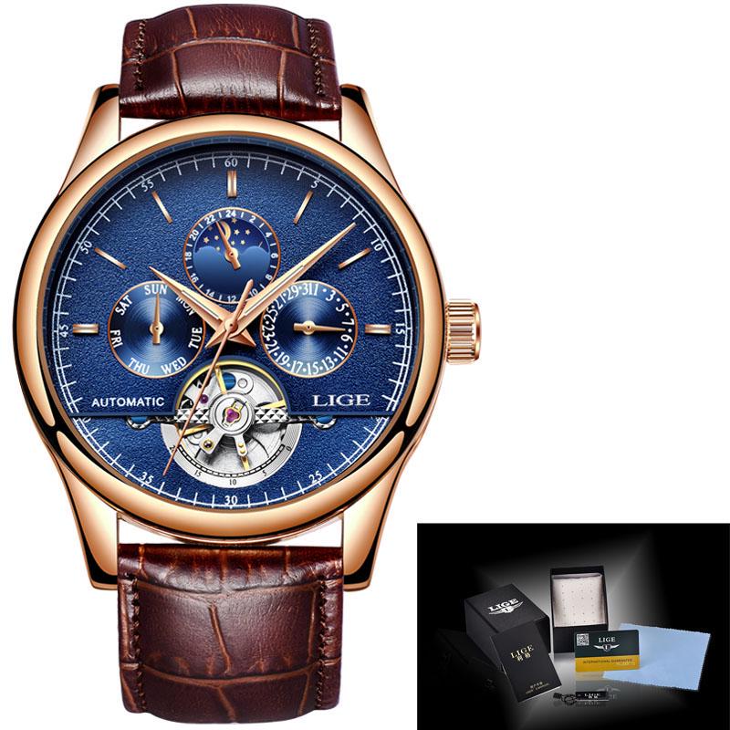 LIGE Mode Uhr Marke leder Uhr Automatische Männer Armbanduhr Männer Mechanische Stahl Uhren blau/gold