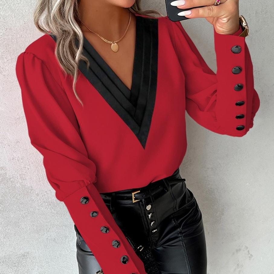 YYFS Damenmode, lässig, Frühling, Herbst, langärmelig, V-Ausschnitt, Blusen und Hemden S bordeaux