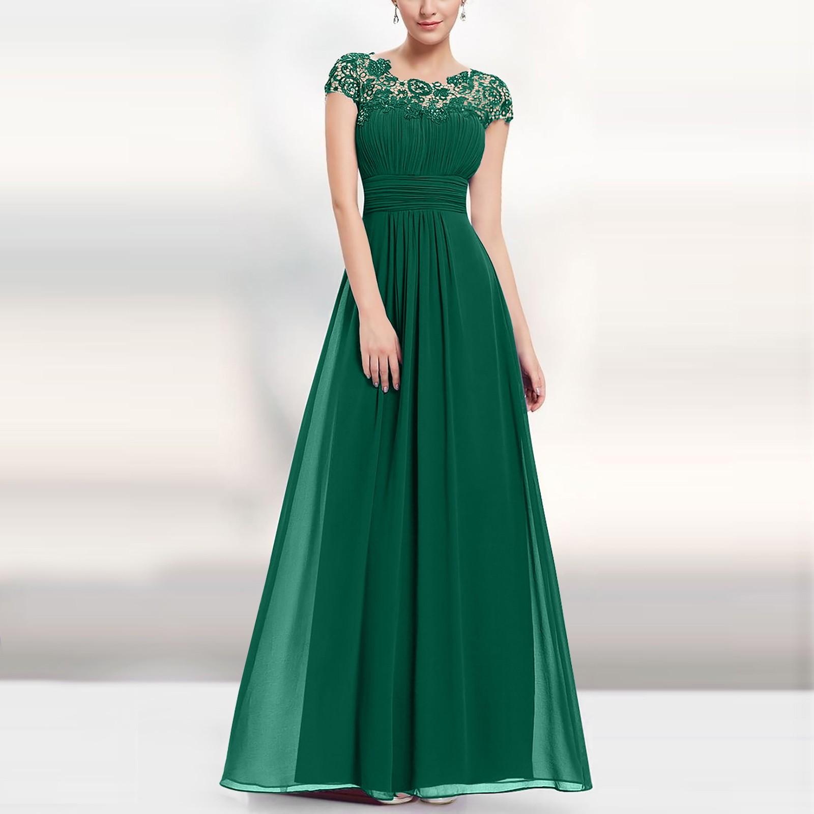 Damenmode, florales, formelles Spitzen-Vintage-Kurzarm-, schmales, langes Hochzeitskleid M grün