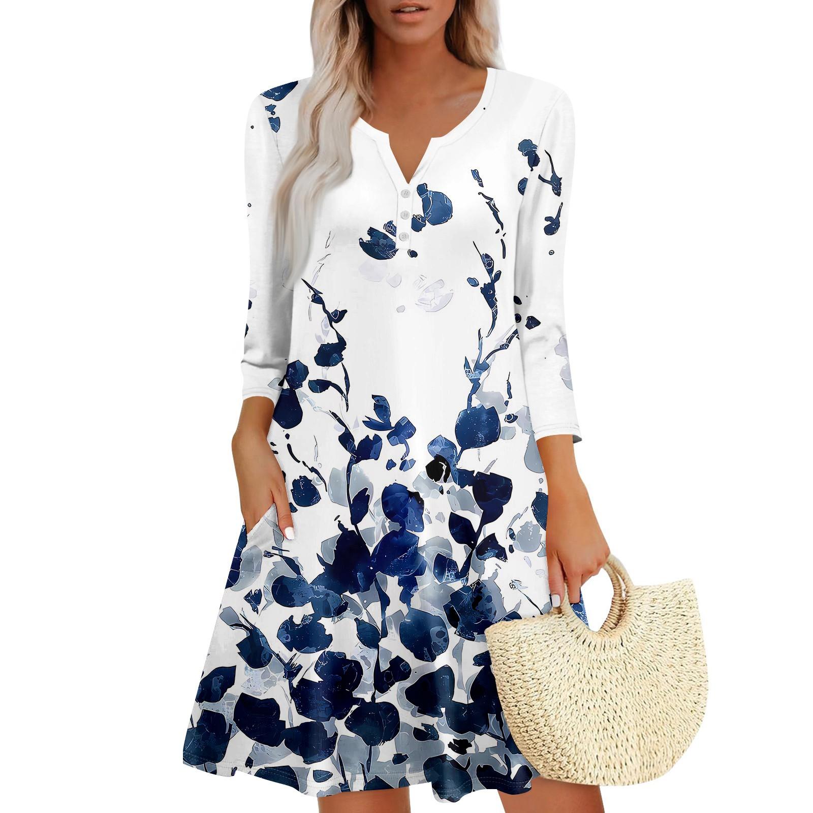 Damen Sommerkleid Lockeres V-Ausschnitt Dreiviertelärmel Sommerkleid mit Taschen Kleid XL weiß