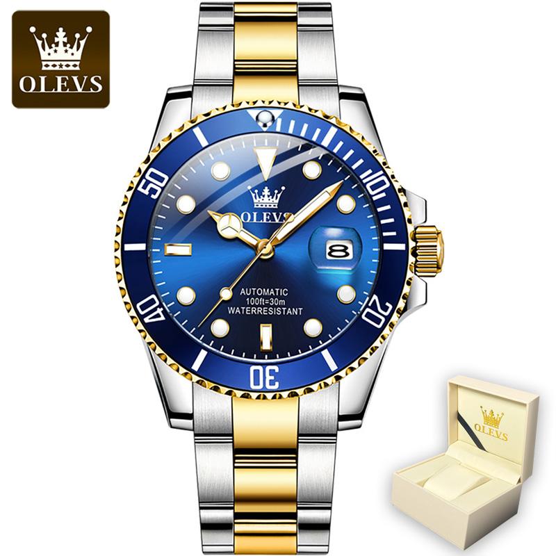 OLEVS 6650 mit Geschenkbox, luxuriöse grüne Wassergeist-automatische mechanische Uhr, wasserdichte Herrenuhr, Herrenuhr