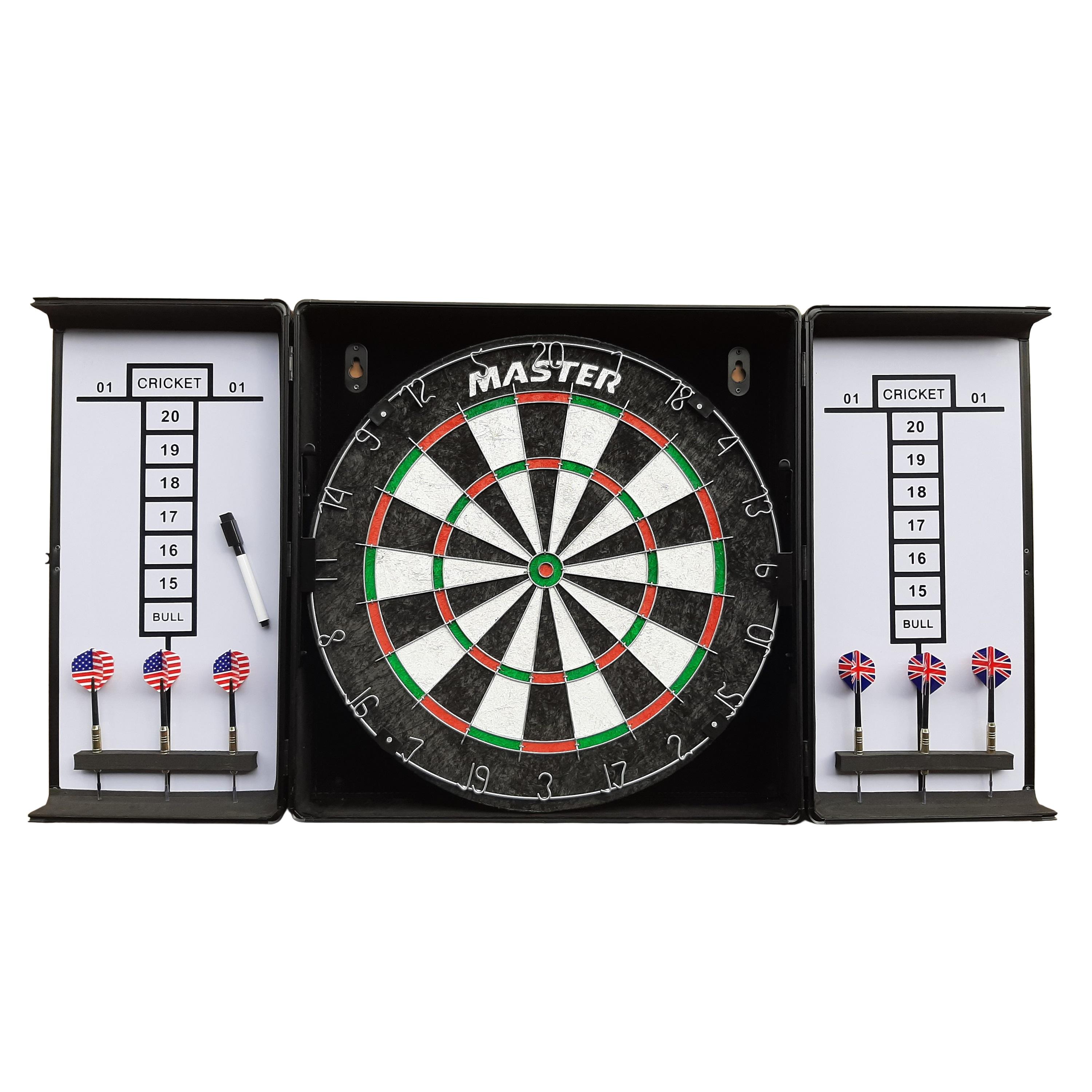 Aluminiumschrank mit MASTER Dartscheibe und Darts
