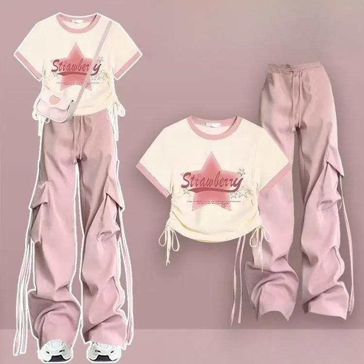Sommer Pink Mode T-Shirt Anzug Latzhose 2-teiliger Anzug M rosa
