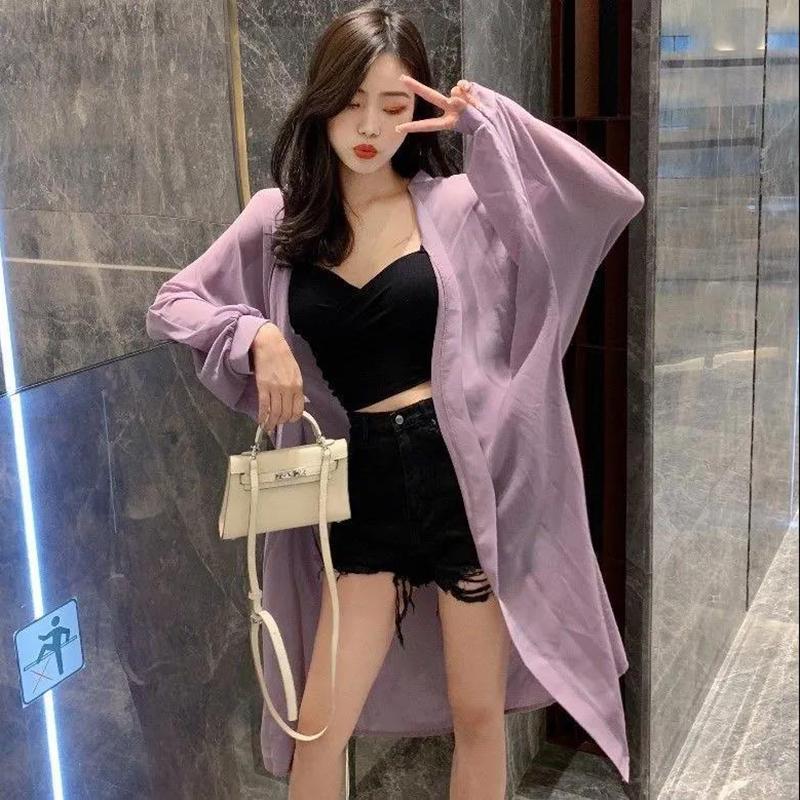 Damen-Strand-Sonnenschutz-Strickjacke mit Fledermausärmeln, Übergrößen-Schal, lockerer äußerer Chiffon, lange Ärmel, einfarbig S violett