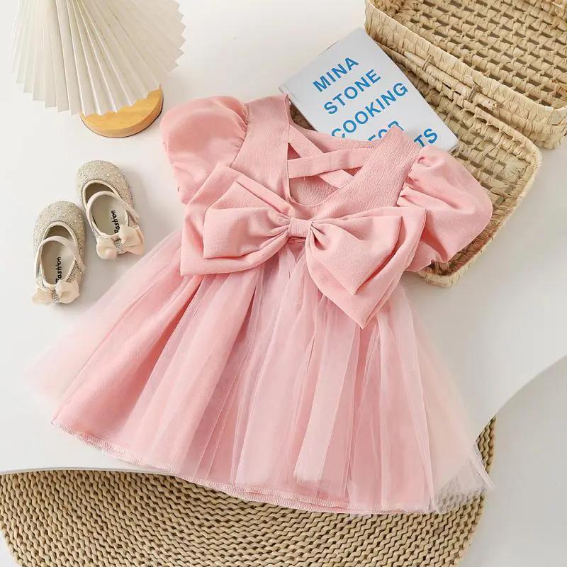 Mädchen Sommer Kleid Kinder Koreanische Version Mode Bogen Kleid Weibliche Prinzessin Kleid 130 rosa