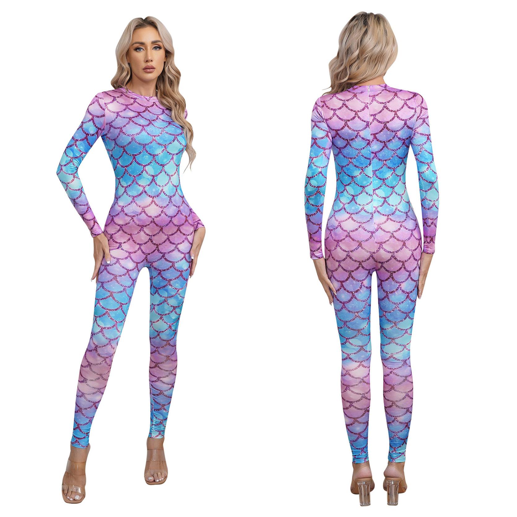 Damen Meerjungfrau Kostüm Fischschuppen Druck Overall Ganzkörperanzug Karneval Party Overall Halloween Kostüm S