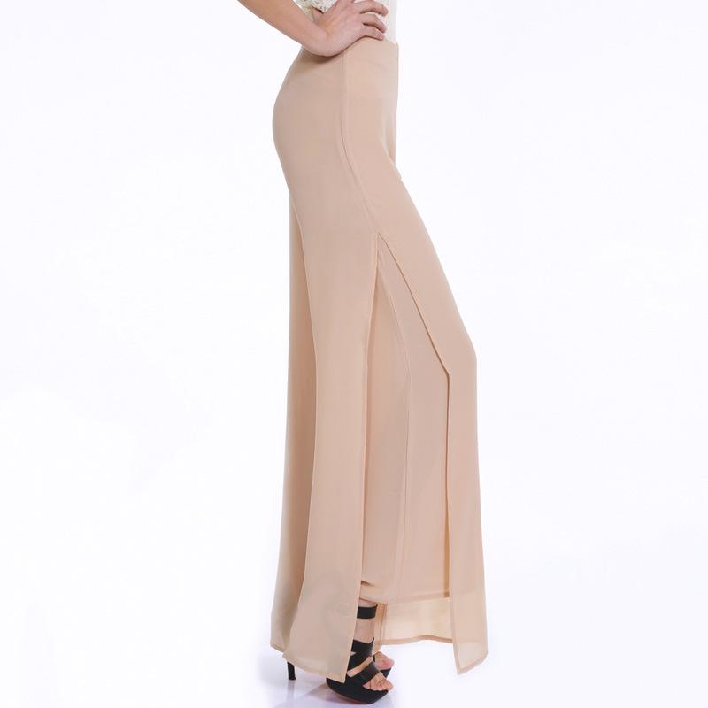 Frauen Damen Vintage Lose Hohe Taille Lange Hosen Chiffon Side Split Casual Palazzo Hosen Breite Bein Hosen pantalones S beige