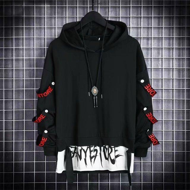 Herbst männer Hoodie Sweatshirt Casual Schwarz Hoodies Tops Techwear Hip Hop Harajuku Patchwork Japanische Streetwear Männer L schwarz