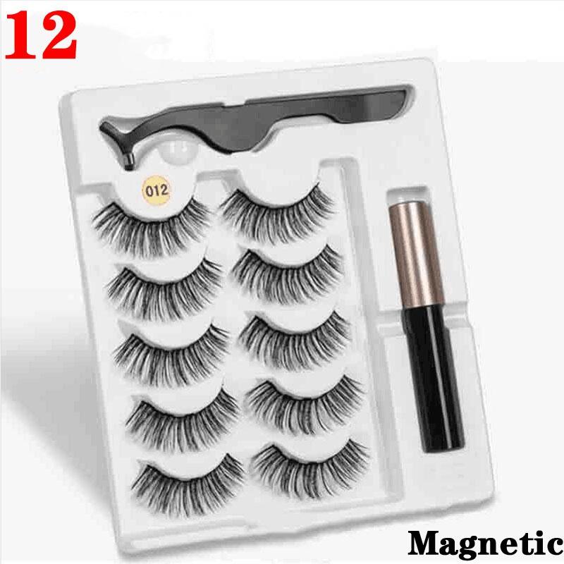 5 Paar wiederverwendbare magnetische Wimpern, 5 Paar Magnet-Nerzwimpern, magnetischer flüssiger Eyeliner und magnetische falsche Wimpern und Pinzetten-Set Style 12