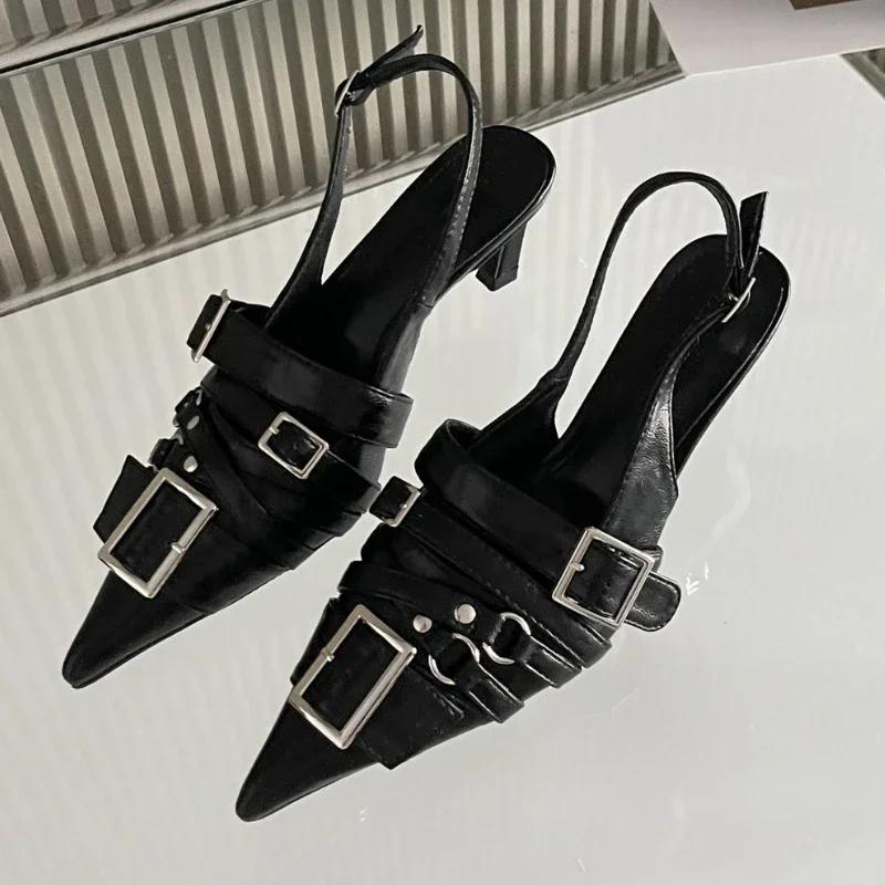 Designer Metall Schnalle Spitz Zehenbereich Flache Damen Schuhe Mode Slingback Absätze Damen Schuhe Sommer Marken Sandalen Damen Schuhe 39 schwarz