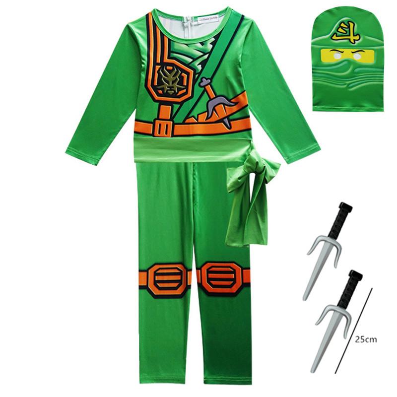 Kinder Bein Ninja Cosplay Superheld Jumpsuit Kinder Anime Ninja Kostüm Kostüm für Kostümparty Karneval Halloween Kostüm mit Spielzeuggabel 130 green
