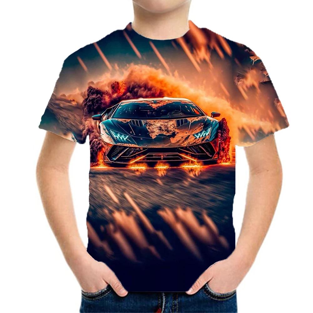 T-Shirts mit Grafikdruck mit Rennwagen, Jungen und Mädchen, Geschenk für Kinder, kurzärmelige Oberteile für Kinderkleidung von 2 bis 8 Jahren, männliche T-Shirts 110