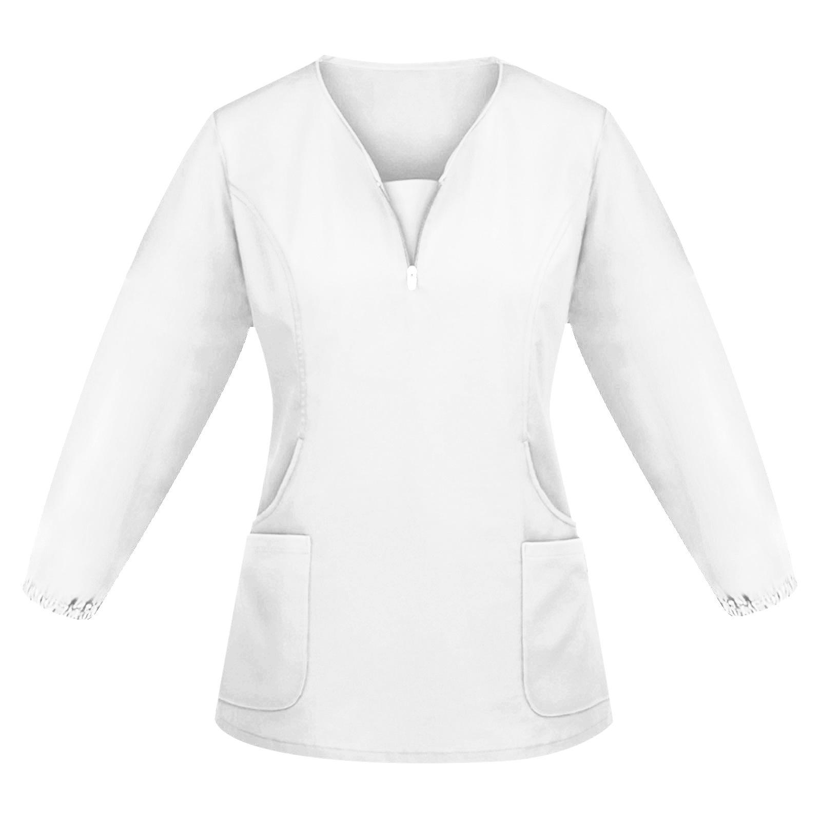 Hochwertige Unisex-Krankenhaus-Arbeitskleidung mit langen Ärmeln, Stretch-Peeling-Top, Krankenschwesteruniform mit V-Ausschnitt und Tasche L weiß