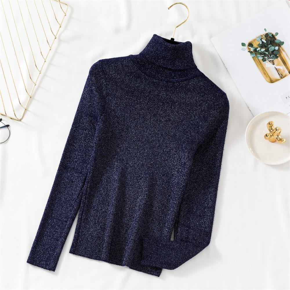 Shiny Lurex Winter Pullover Frauen Langarm Pullover Grundlegende Pullover Rollkragen Koreanische Stricken Top Femme one  size
