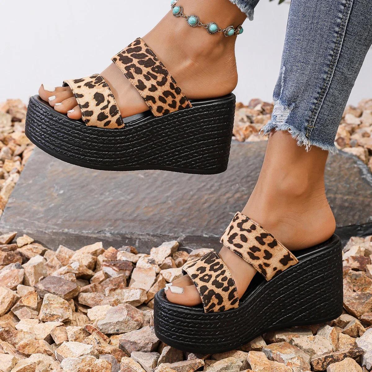 Frauen Leopard Hausschuhe Sommer Keile Heels Strand Hausschuhe Frauen Mode Lässig Plattform Sandalen Rutschen Frauen Zapatos De Mujer 41 leopard print