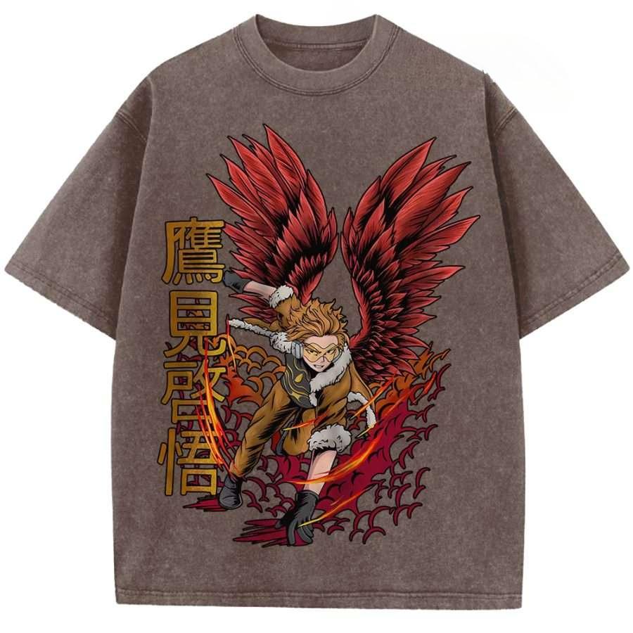 Anime My Hero Academia Takami Keigo Hawks Grafik T-Shirt Herren Damen Kleidung Übergroßes T-Shirt Gewaschenes Baumwoll-T-Shirt Harajuku T-Shirt M black
